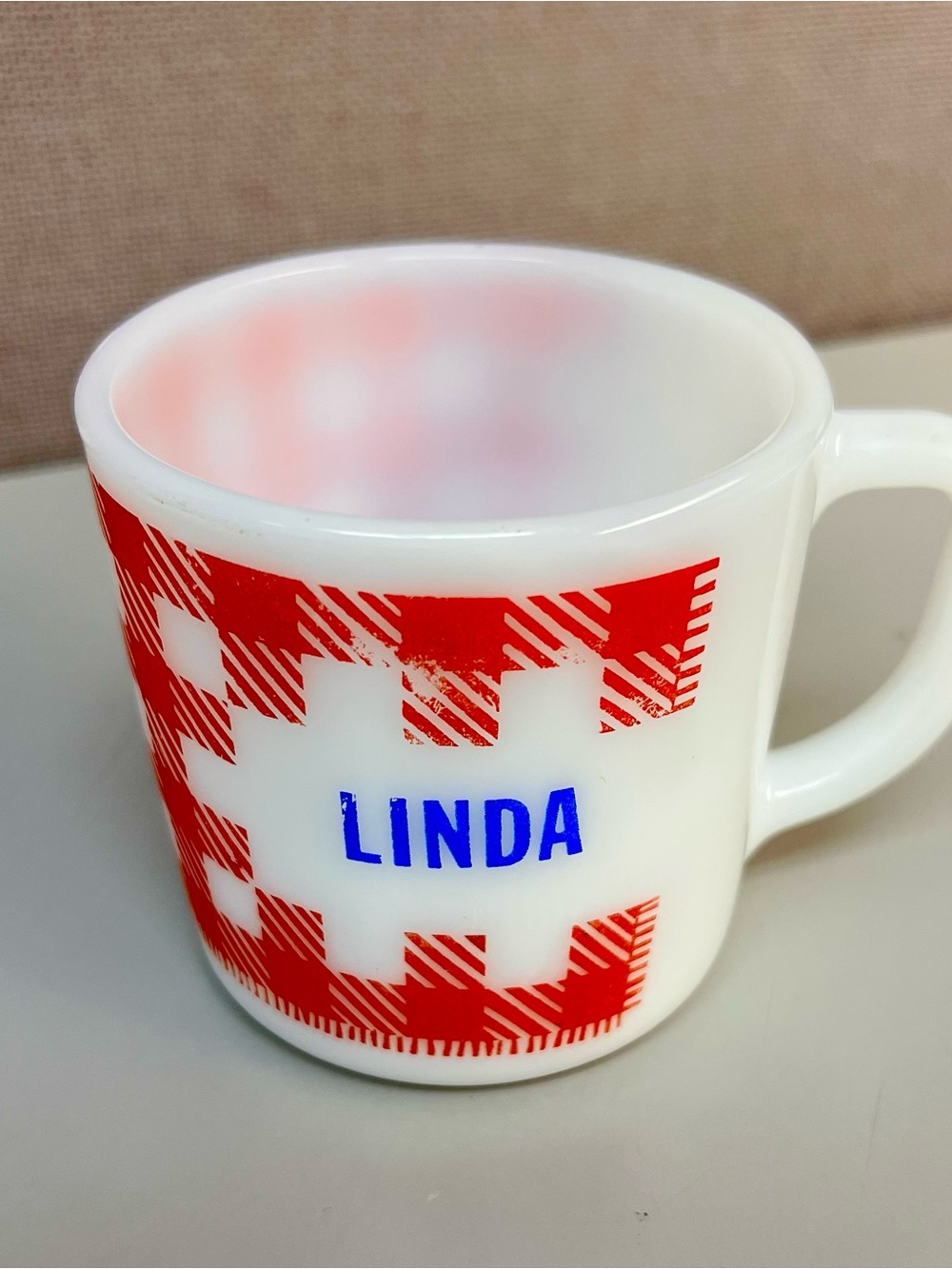 Personalized Vintage Westfield White Milk Glass Mug with Red Gingham and "LINDA"